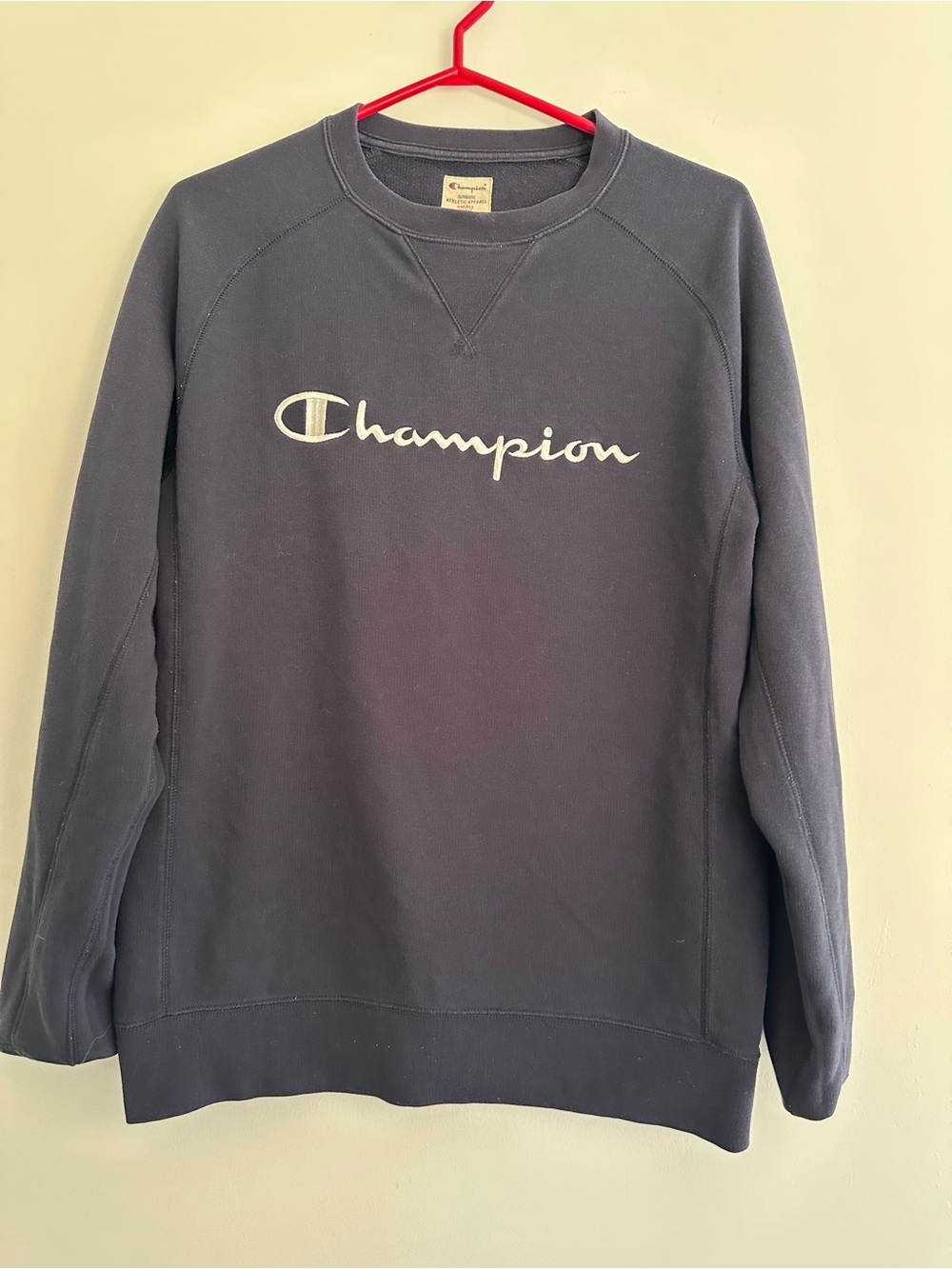 Champion Men’s Dark Blue Crewneck with White Script Logo